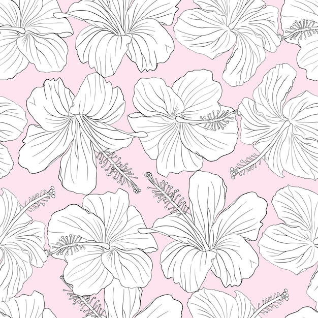 Silhouette di fiori d'ibisco rosa e line art modello senza cuciture per carta da parati di tessuto tessile o carta per scrapbook illustrazione floreale tropicale disegnata a mano sfondo vettoriale di verde botanico
