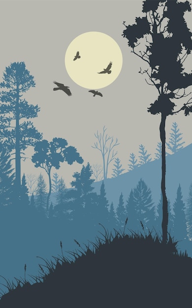 Silhouette di foresta illuminata dalla luna con uccelli che volano