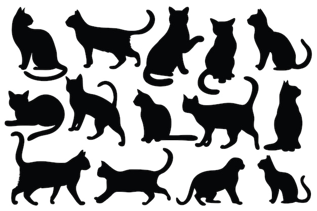 Silhouette di gatto impostate illustrazione vettoriale piatta isolata su sfondo bianco