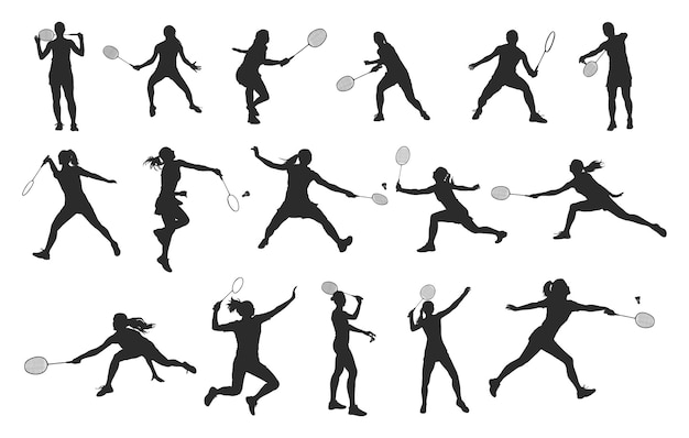 Silhouette di giocatori di badminton femminili Siluette di giocatore di badmington Clipart