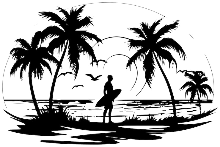 Vettore silhouette di giovani uomini che fanno surf in costume da bagno con tavole da surf sulla spiaggia con forti onde e su