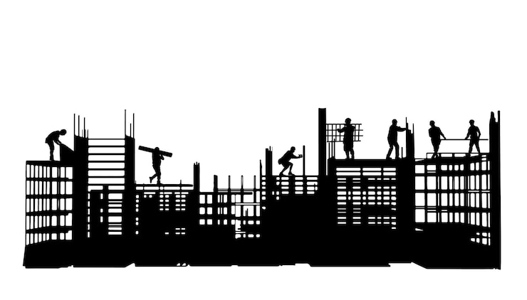 Vettore silhouette di ingegnere e team di costruzione che lavorano all'illustrazione sitevector