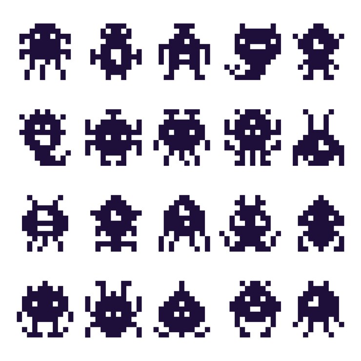 Vettore silhouette di invasori pixel art. set di icone di gioco mostro invasore spaziale, robot pixel e giochi arcade retrò