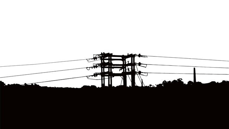 Silhouette di pali elettrici linee elettriche ad alta tensione nell'illustrazione vettoriale del paesaggio forestale