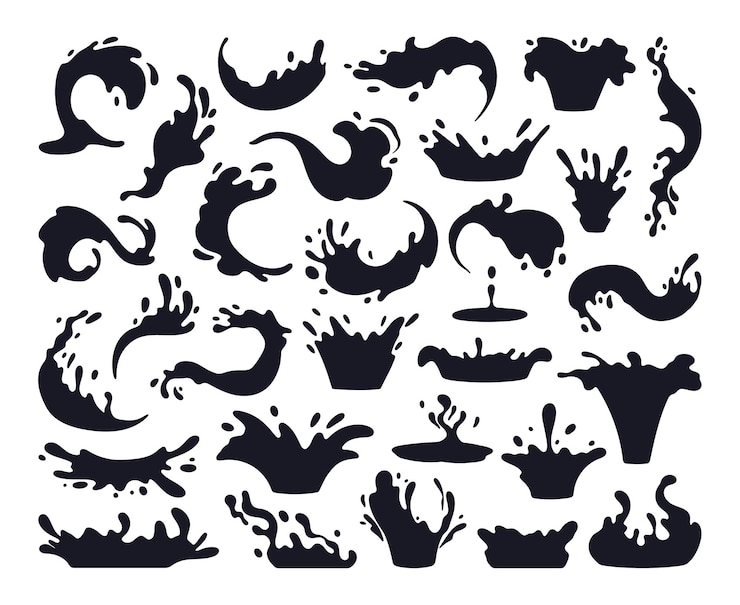 Vettore silhouette di spruzzi liquidi gocce d'acqua scorre e onde nero aqua spruzzi piatti set di illustrazioni vettoriali silhouette di spuzzi d'acqua cartoni animati