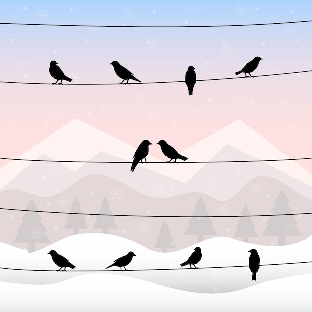 Silhouette di uccelli sui fili in inverno sfondo. Illustrazione vettoriale.