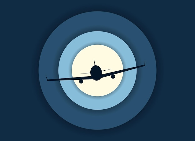 Silhouette di un aereo passeggeri contro la luna Illustrazione vettoriale Logo papercut di viaggio