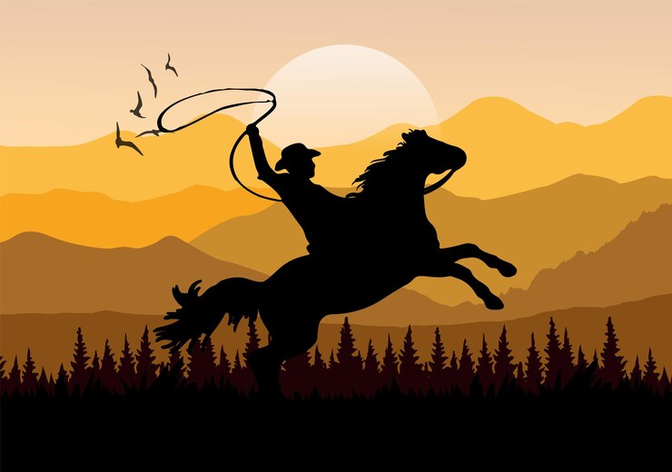 Vettore silhouette di un cowboy su un cavallo al tramonto