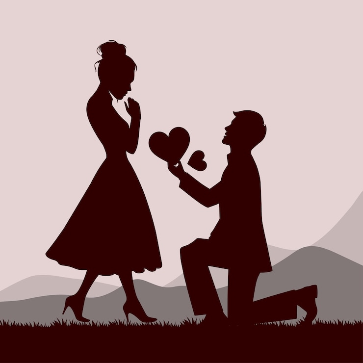 Vettore silhouette di un ragazzo che fa una proposta a una ragazza per un fidanzamento d'amore, un matrimonio o progetti a tema di san valentino