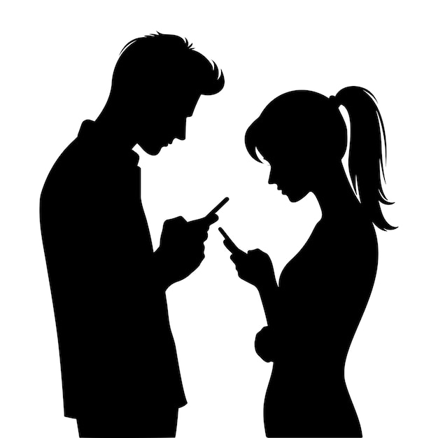 Silhouette di un uomo e una donna che usano insieme uno smartphone Illustrazione vettoriale