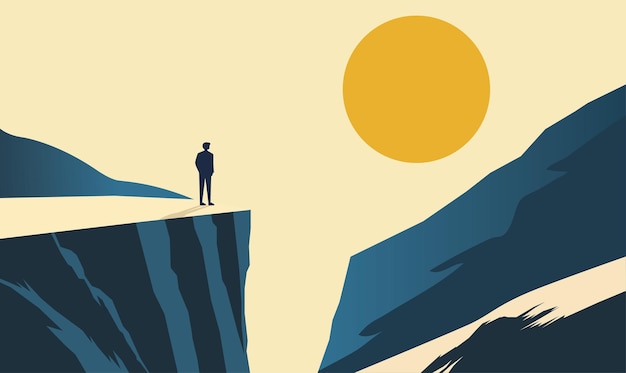 Silhouette di un uomo in piedi sulla cima di una scogliera rocciosa Paesaggio come simbolo di successo con il sole al mattino