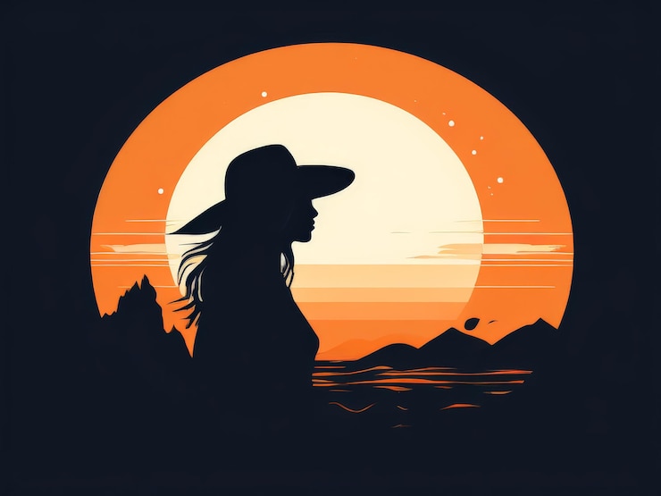 Vettore silhouette di una donna al tramonto