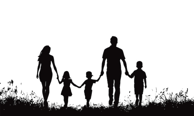 Silhouette di una famiglia che cammina illustrazione vettoriale sullo sfondo bianco