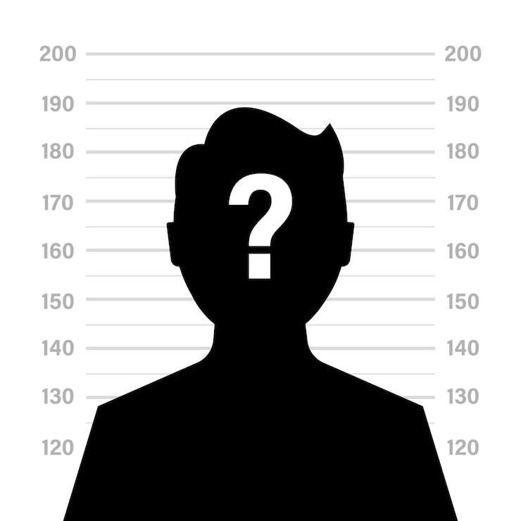 Vettore silhouette di uomo anonimo con punto interrogativo sullo sfondo della fedina penale o del seriale della polizia
