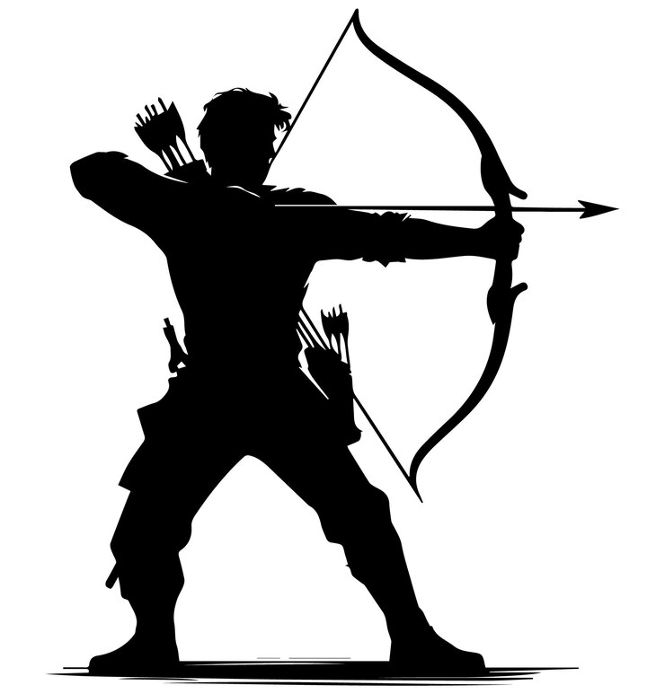 Vettore silhouette di uomo bianco e nero con arco e freccia