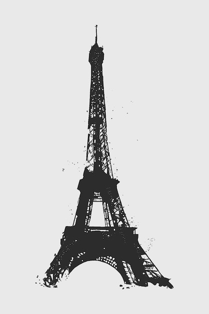 Silhouette grunge bianca e nera della Torre Eiffel su uno sfondo bianco