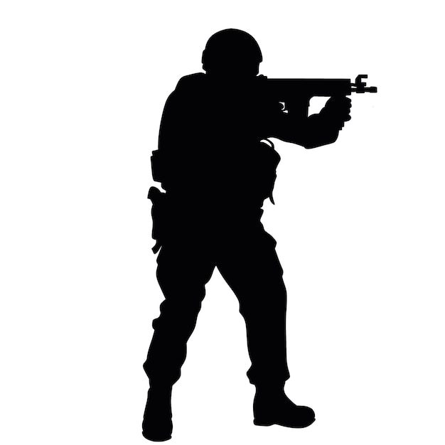 Silhouette in bianco e nero di un soldato con un'arma Un soldato delle forze speciali mira e spara