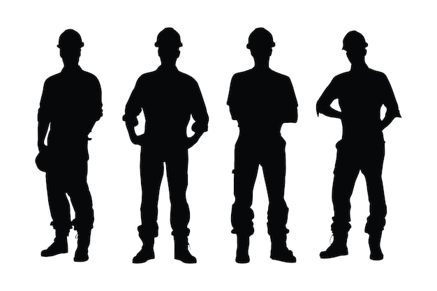 Silhouette meccanico maschile su sfondo bianco Uomini meccanici che indossano uniformi e fasci di silhouette in piedi Lavoratori maschi e operai con facce anonime Collezione di silhouette Mechanic Boys
