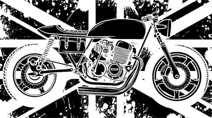Vettore silhouette nera della bandiera britannica con motocicletta