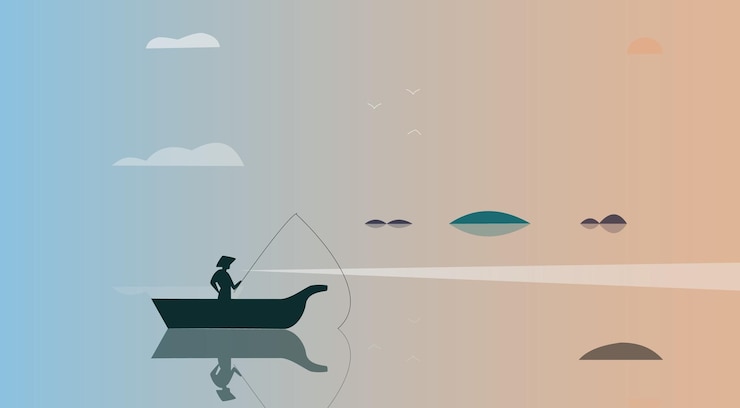 Silhouette nera di un pescatore seduto su una barca e pesca con una canna Illustrazione vettoriale