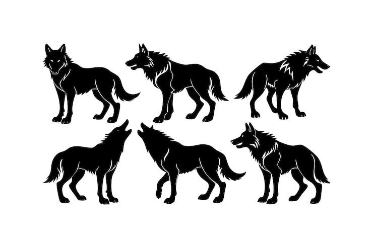 Vettore silhouette of a wolf majestic wild animal vector set (set vettoriale di animali selvatici maestosi)