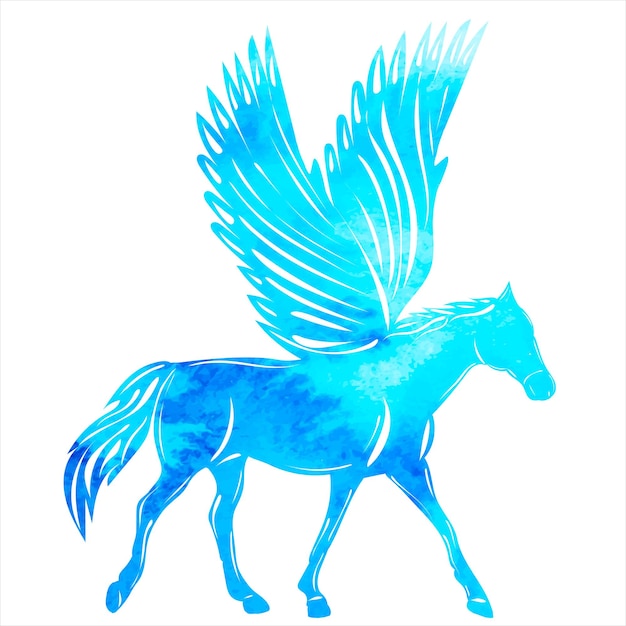 Silhouette pegasus acquerello blu su sfondo bianco isolato