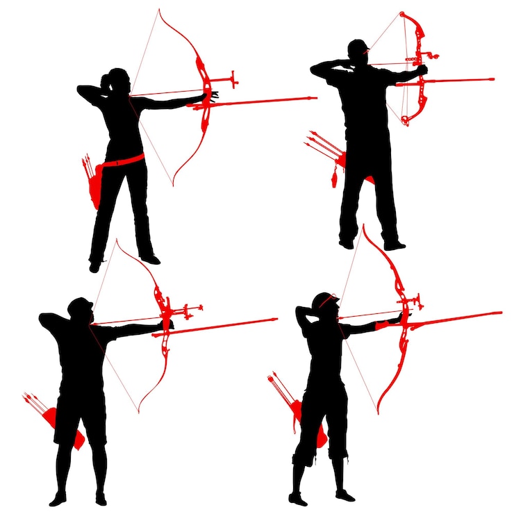 Vettore silhouette set attraente arciere maschile e femminile che piega un arco e mira nel bersaglio