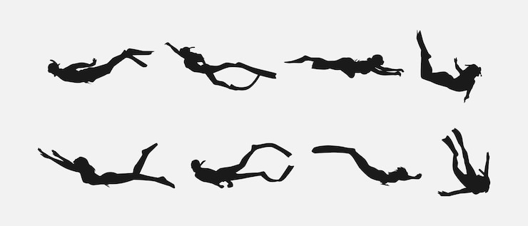 Vettore silhouette set vettoriale di snorkeling, immersioni libere, nuoto, sport estremi, sfondo isolato