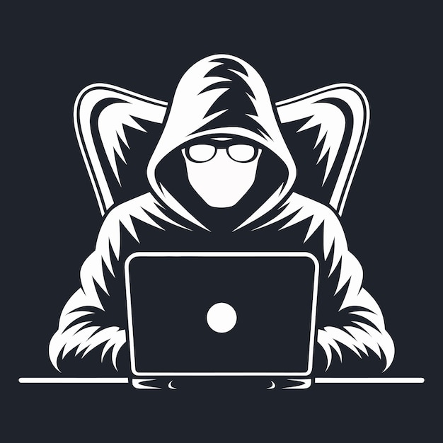Silhouette stilizzata di hacker con un portatile che illustra temi di sicurezza digitale