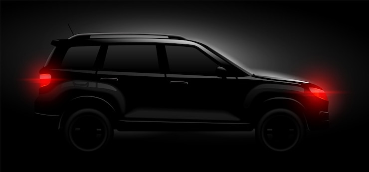 Vettore silhouette suv realistica suv neri di lusso nascosto 4x4 auto luci anteriori luci posteriori notturne strada oscura avventura servizio auto guida astratta