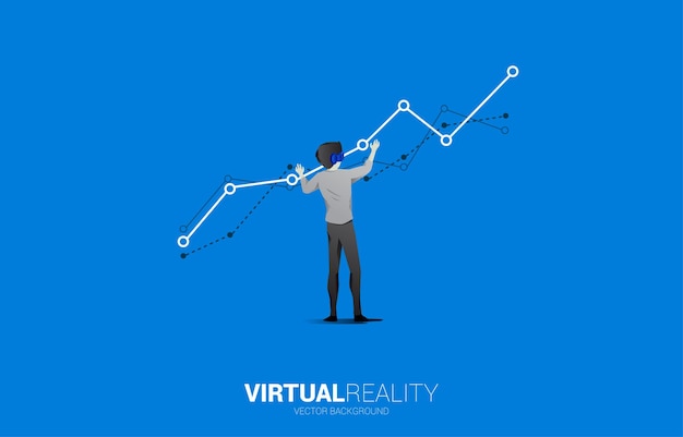 Silhouette uomo indossa occhiali VR con grafico finanziario Concetto di tecnologia di realtà virtuale digitale e AR