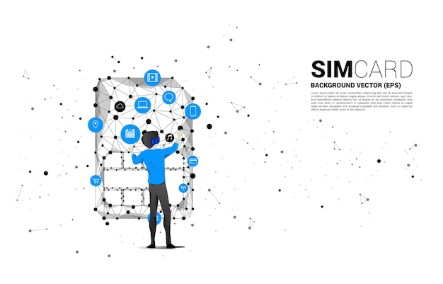 Silhouette uomo indossa occhiali VR e icona della scheda SIM a forma di linea di collegamento a punti Concetto per la tecnologia e la rete delle schede SIM mobili