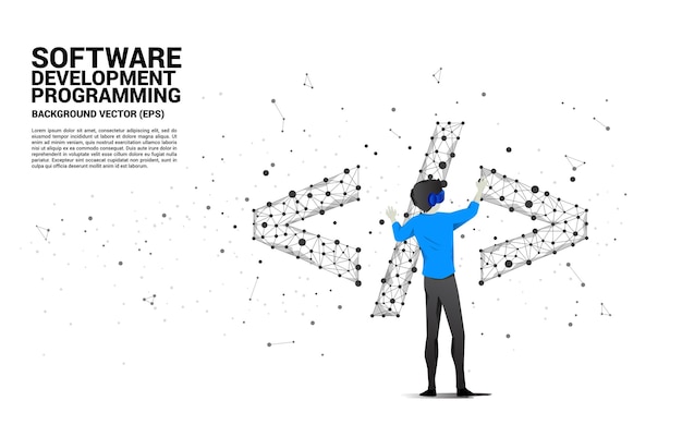 Silhouette uomo indossa occhiali VR sviluppo software tag di programmazione con poligono dot connect line Concetto di tecnologia di realtà virtuale digitale e AR