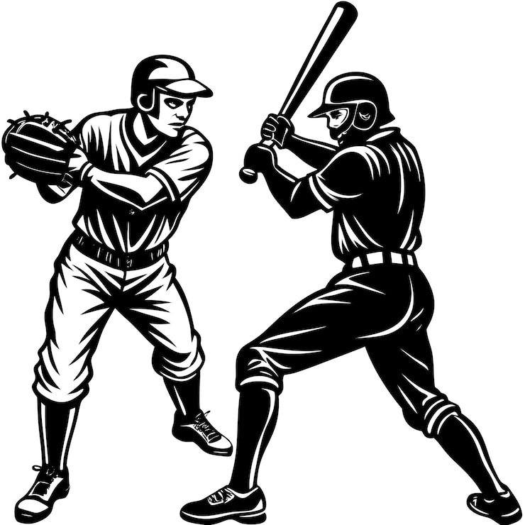 Vettore silhouette vettoriale di un battitore di baseball e un lanciatore in azione su uno sfondo bianco