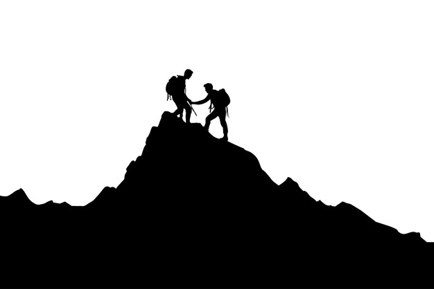 Silhouette vettoriale di un uomo in cima a una montagna con uno zaino concetto di lavoro di squadra