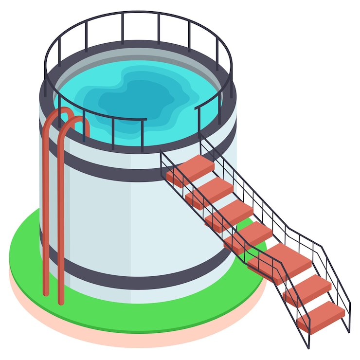 Vettore silo di stoccaggio commerciale di acqua dolce isometrico concepto di progettazione di icone vettoriale trattamento dell'acqua purificazione
