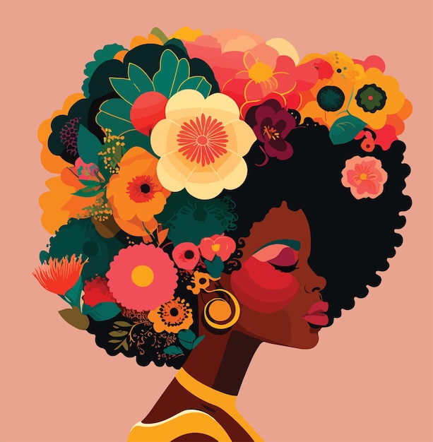 Siluetta africana americana femminile della donna di colore con i bei capelli afro grandi floreali isolati
