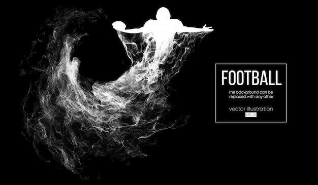Siluetta astratta di un giocatore di football americano su sfondo nero scuro da particelle, polvere, fumo, vapore. Il giocatore di football tiene la palla, vincitore. Rugby.