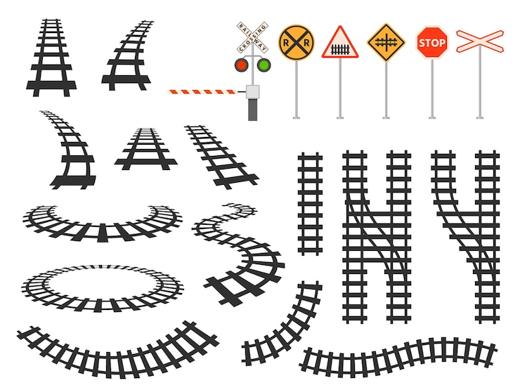 Vettore siluetta curva dei binari ferroviari del treno, barriera e segnaletica stradale. prospettiva ferroviaria e vista mappa dall'alto. insieme di vettore dell'elemento delle strade tortuose del tram