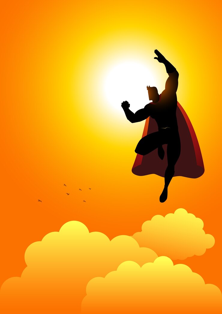 Vettore siluetta del fumetto di un supereroe che vola all'alba