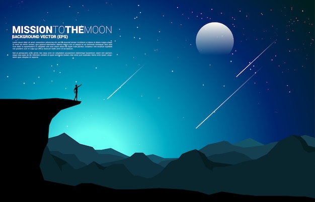 Siluetta del punto dell'uomo d'affari in avanti dalla scogliera della montagna alla luna alla notte. missione e obiettivo della visione aziendale