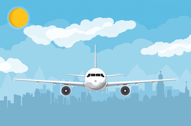 Siluetta dell'orizzonte della città e dell'aeroplano alla notte