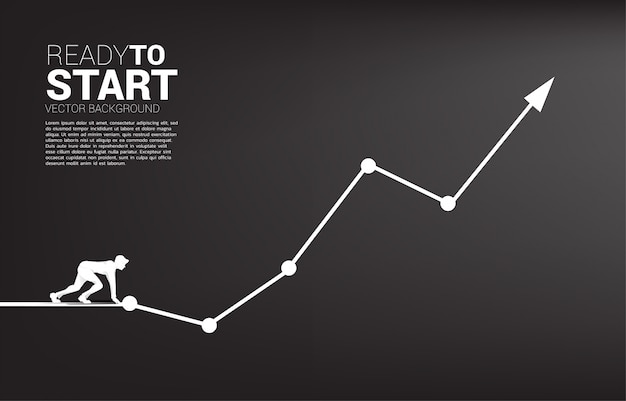Siluetta dell'uomo d'affari pronta a correre dalla linea di partenza sul grafico crescente.