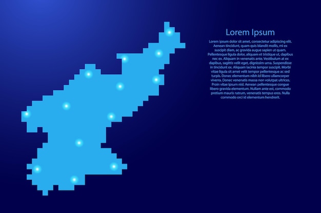Siluetta della mappa della Corea del Nord da pixel quadrati blu e stelle incandescenti. Illustrazione vettoriale.