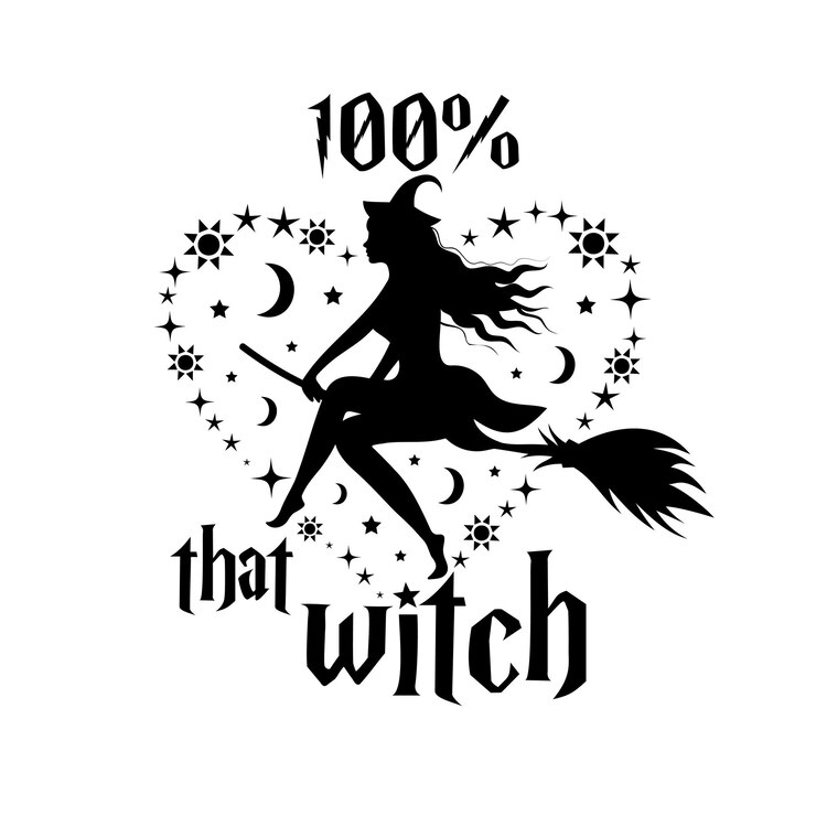 Vettore siluetta della strega nel cuore di stelle e lune e scritte al 100 percento quella citazione di halloween della strega