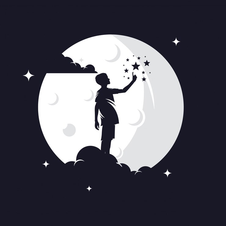 Siluetta di raggiungimento delle stelle del bambino contro la luna