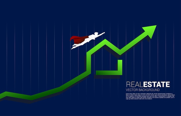 Siluetta di vettore dell'uomo d'affari che vola con l'icona verde della casa con il grafico crescente. Concetto di investimento di successo e crescita nel settore immobiliare