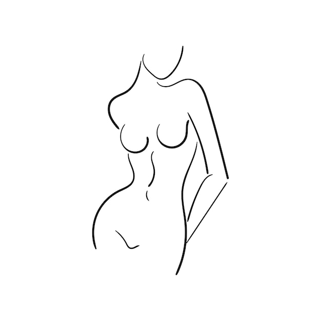 Siluetta femminile in costume da bagno. Linee semplici. Disegno a inchiostro. Bianco e nero.