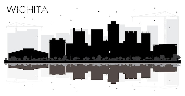 Siluetta in bianco e nero dell'orizzonte della città di Wichita Kansas USA. Illustrazione vettoriale. Concetto di viaggio d'affari. Wichita Cityscape con punti di riferimento.
