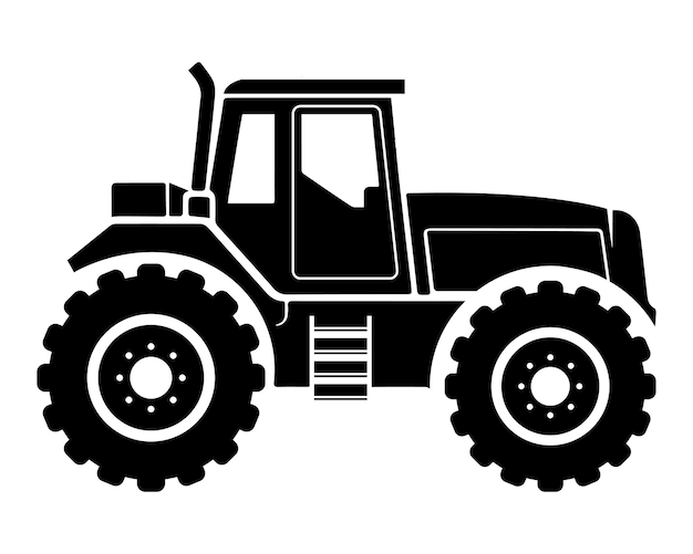 Siluetta nera di un trattore su un'icona di attrezzature agricole sfondo bianco